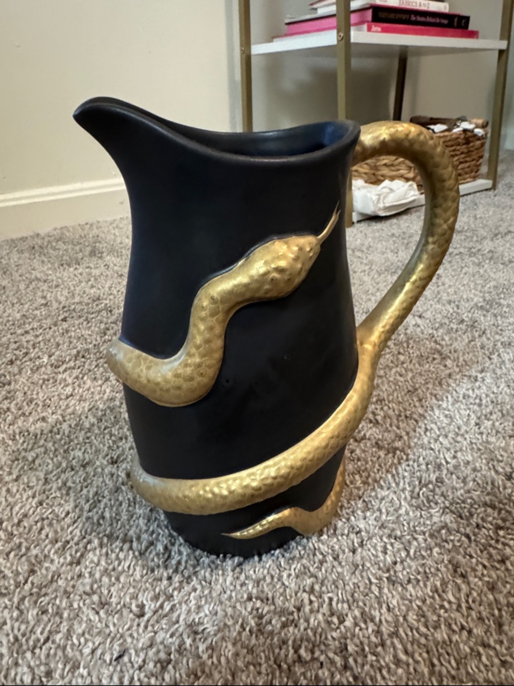 Decorative Black Pitcher with Gold Snake Accent - Home Art